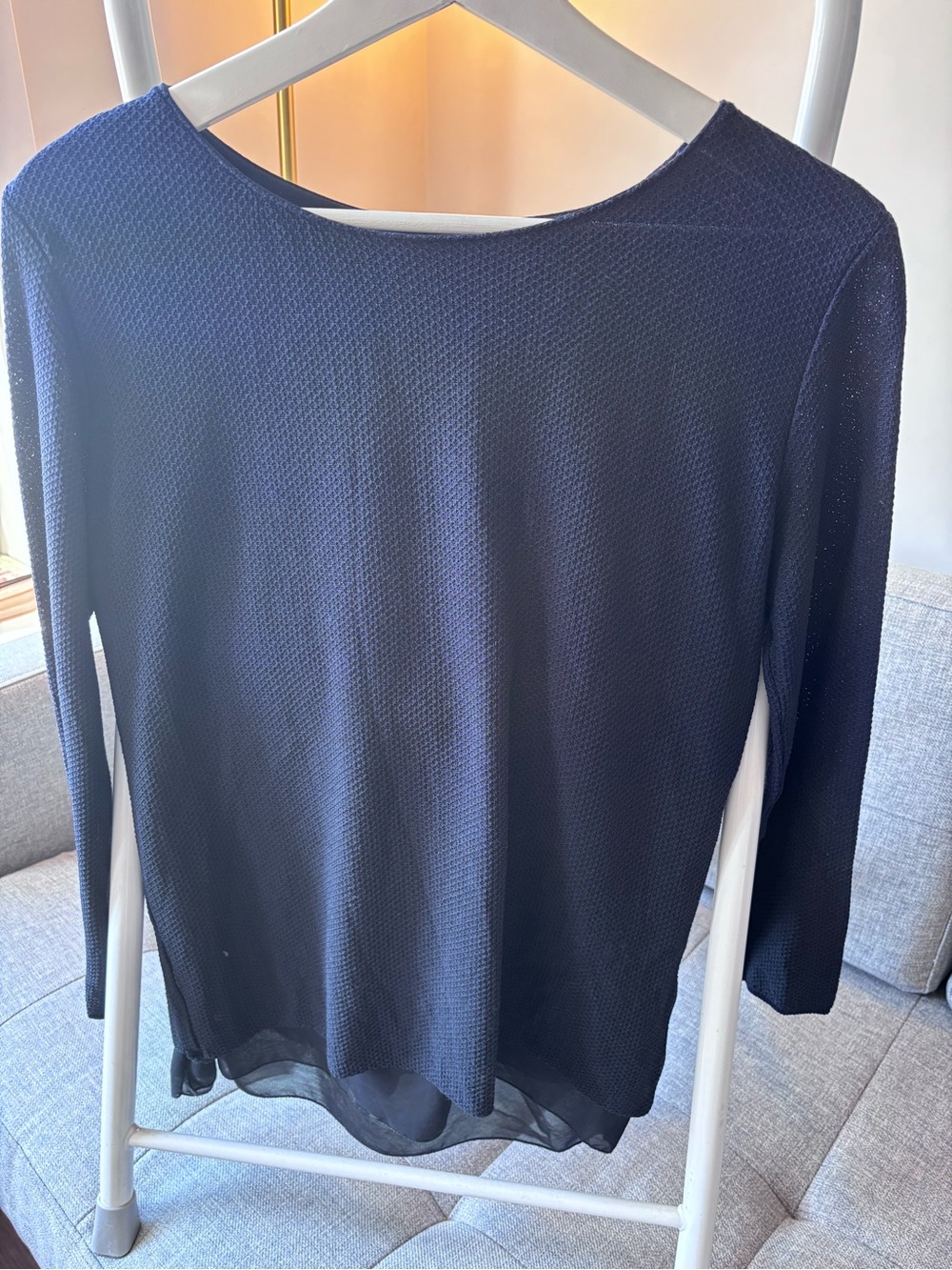 Zara Navy Long Sleeve Crew Sweater with Sheer Hem